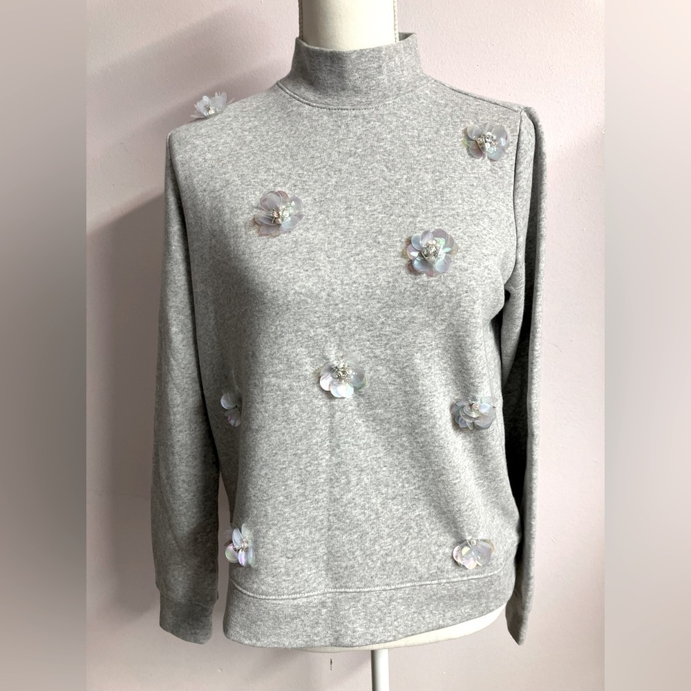Talbots Embellished Mockneck Pullover Sweatshirt, Women’s XS, Light Gray